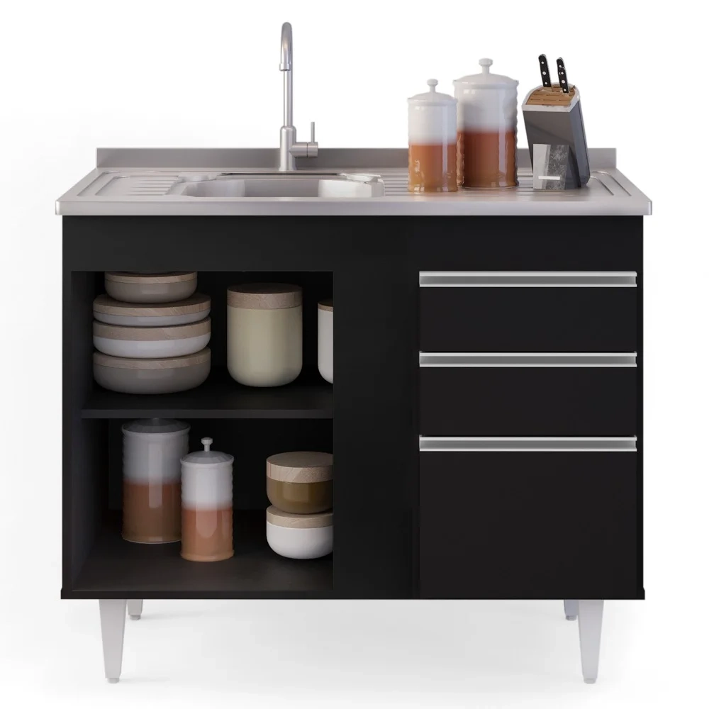 Balcão Gabinete Com Pia Inox 100cm 2 Portas 2 Gavetas Luziania Preto - Lumil 