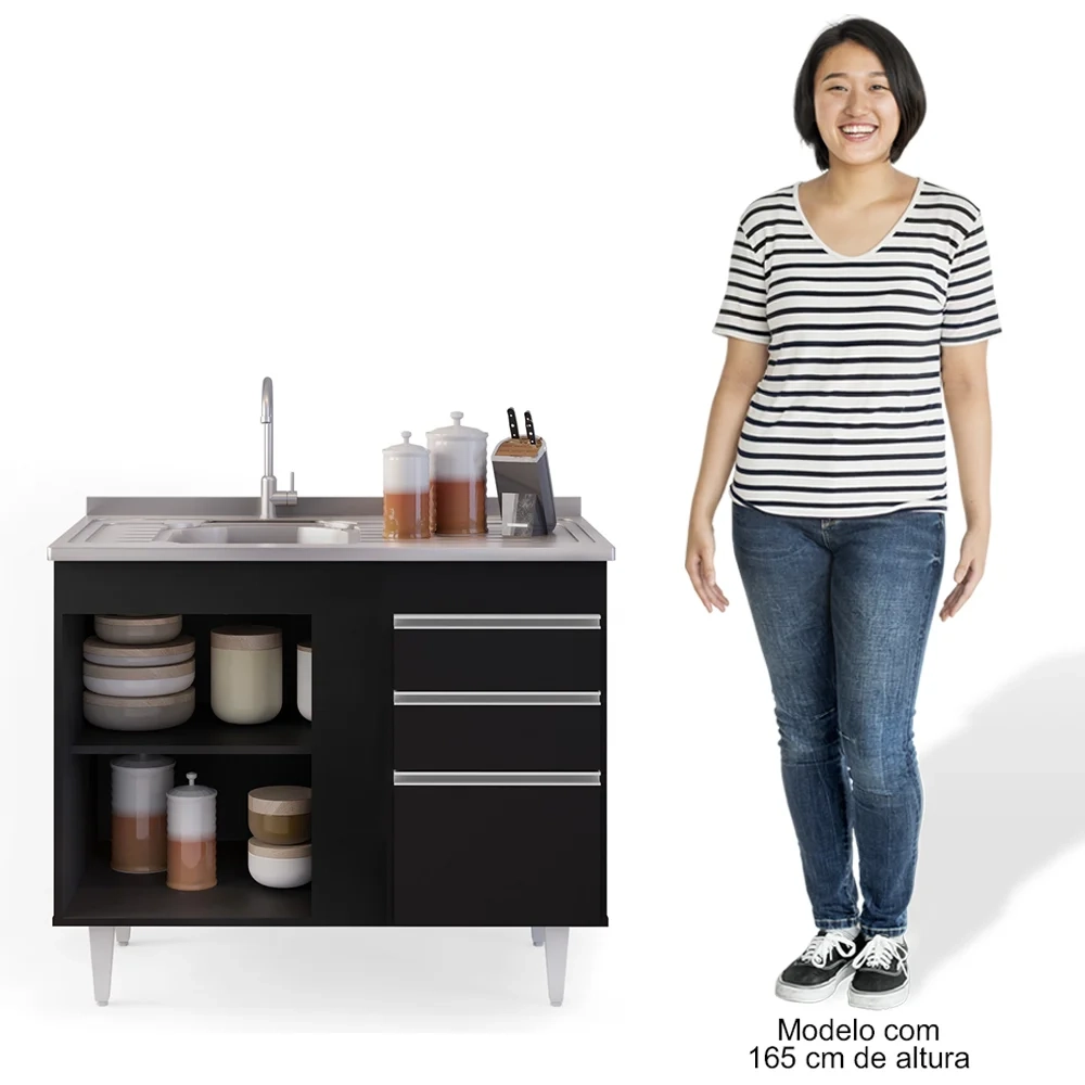 Balcão Gabinete Com Pia Inox 100cm 2 Portas 2 Gavetas Luziania Preto - Lumil 