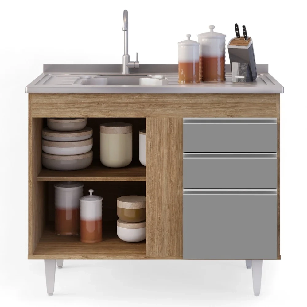 Balcão Gabinete Com Pia Inox 100cm 2 Portas 2 Gavetas Luziania Castanho/Cinza - Lumil 