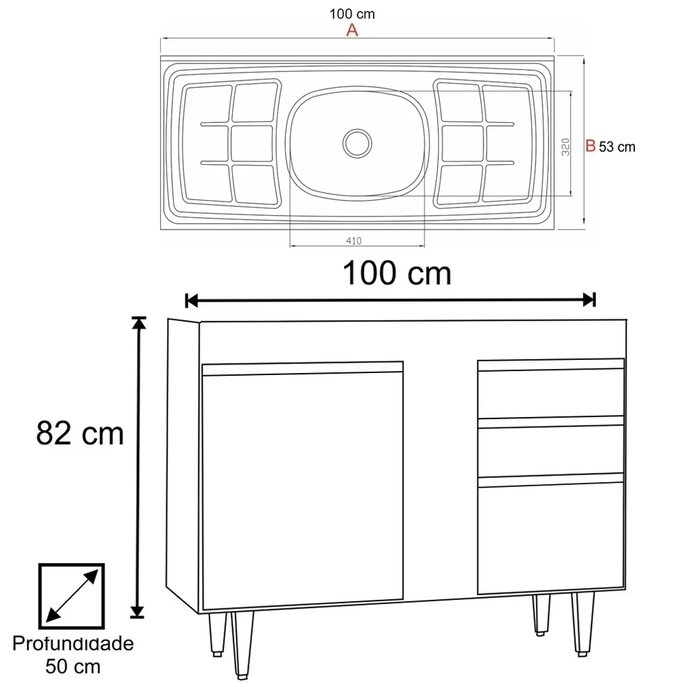 Balcão Gabinete Com Pia Inox 100cm 2 Portas 2 Gavetas Luziania Castanho/Cinza - Lumil 
