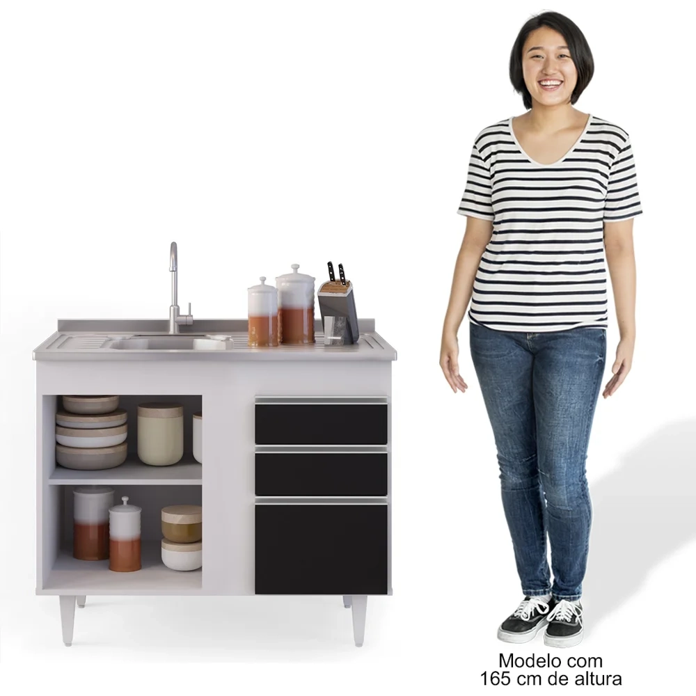 Balcão Gabinete Com Pia Inox 100cm 2 Portas 2 Gavetas Luziania Branco/Preto - Lumil