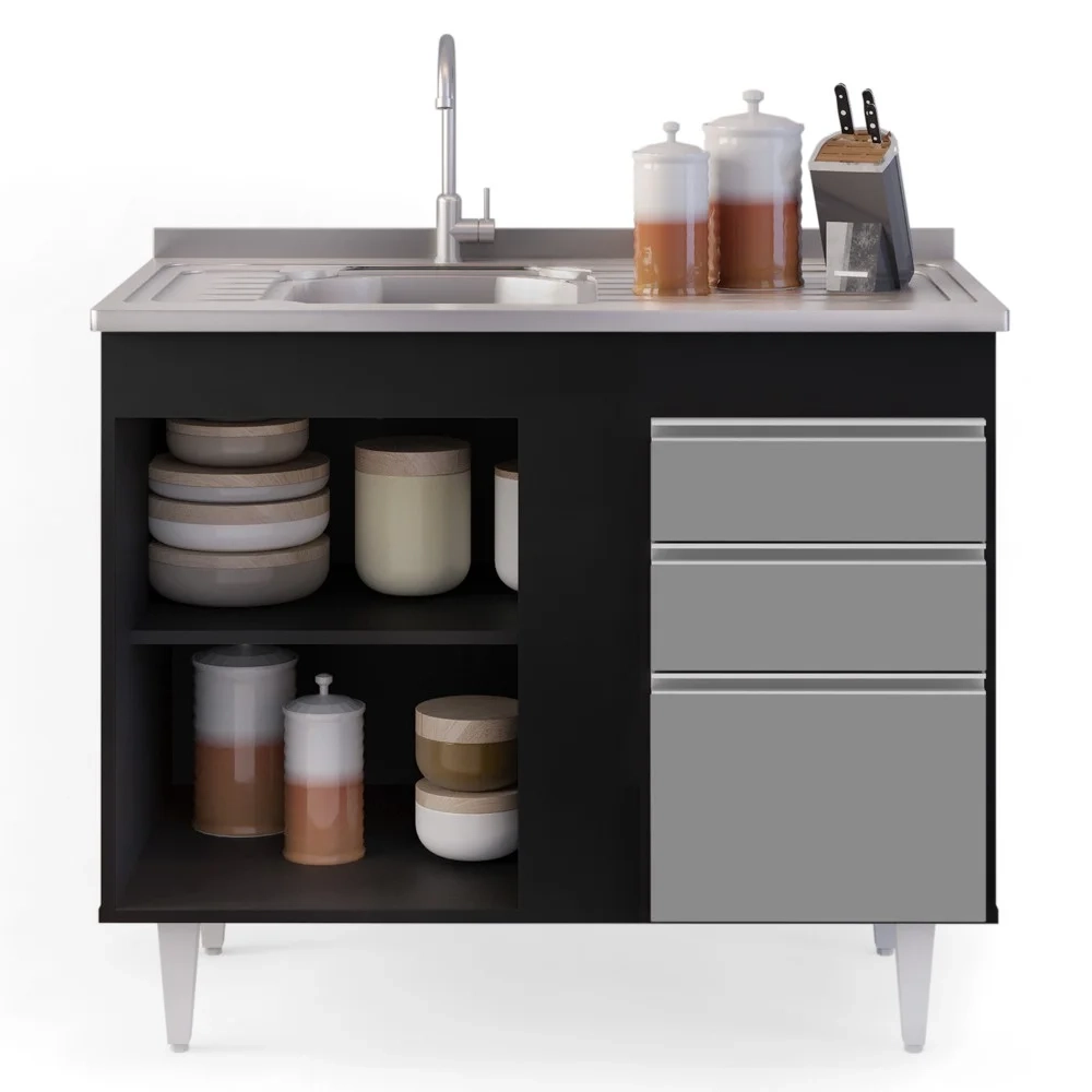 Balcão Gabinete Com Pia Inox 100cm 2 Portas 2 Gavetas Luziania Preto/Cinza - Lumil 