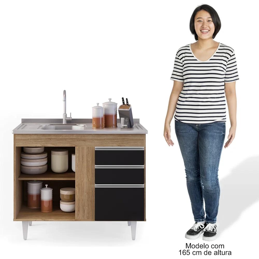 Balcão Gabinete Com Pia Inox 100cm 2 Portas 2 Gavetas Luziania Castanho/Preto - Lumil 