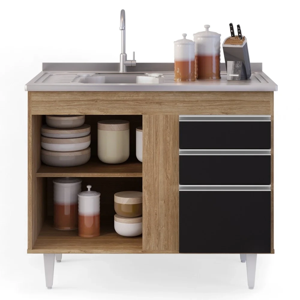 Balcão Gabinete Com Pia Inox 100cm 2 Portas 2 Gavetas Luziania Castanho/Preto - Lumil 