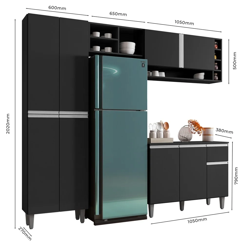 Cozinha Modulada Completa 230cm Com Balcão e Armário Aéreo Vanessa Preto Fosco - AJL Móveis