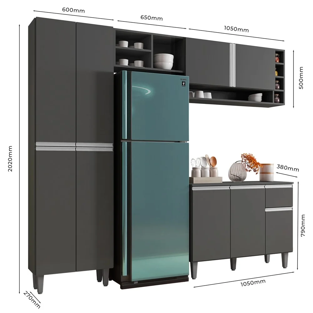 Cozinha Modulada Completa 230cm Com Balcão e Armário Aéreo Vanessa Cinza Escuro - AJL Móveis