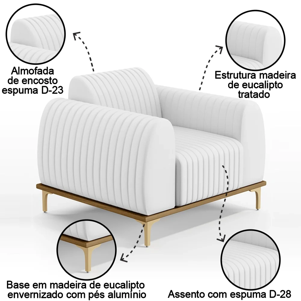 Kit 2 Poltronas Decorativas Base Gold Molino D06 PU C-12 Branco - Mpozenato