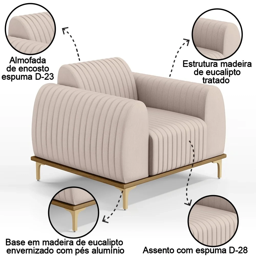 Kit 2 Poltronas Decorativas Base Gold Molino D06 Veludo C-309 Bege - Mpozenato