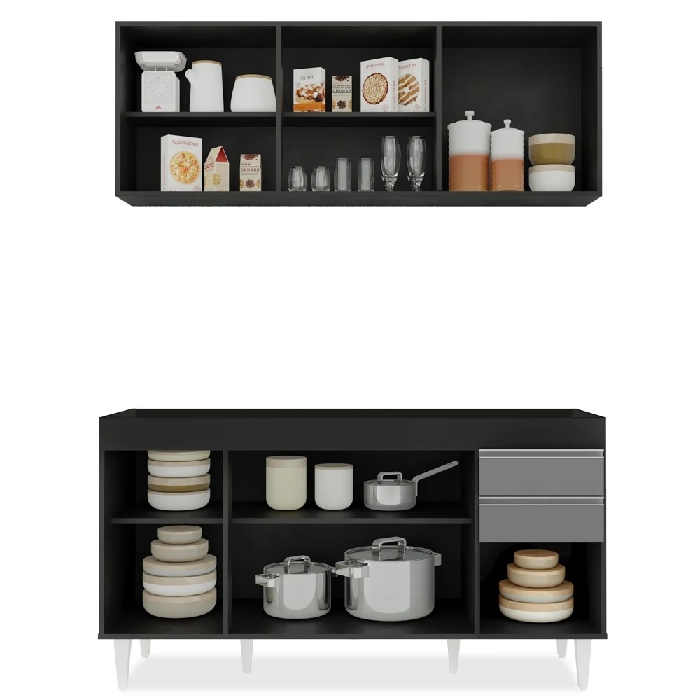 Armário Aéreo Argélia e Balcão Gabinete Para Pia 150cm sem Tampo Marrocos Preto/Cinza - Lumil Móveis