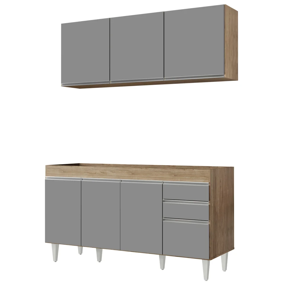 Armário Aéreo Argélia e Balcão Gabinete Para Pia 150cm sem Tampo Marrocos Castanho/Cinza - Lumil Móveis