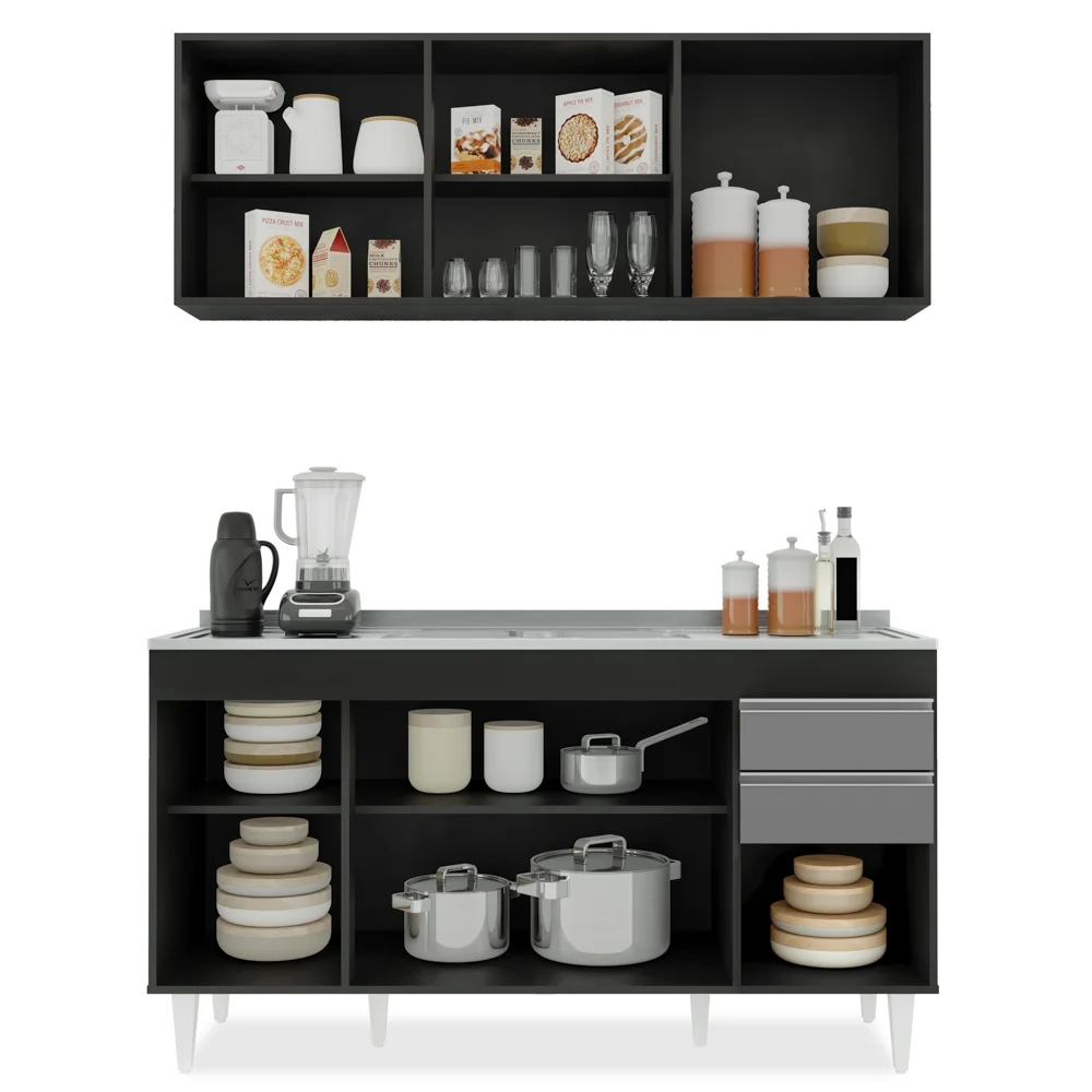 Armário Líbia e Balcão com Pia Inox 150cm Tunísia L03 Preto/Cinza - Mpozenato