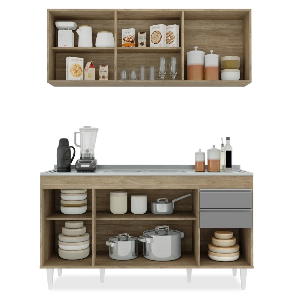 Armário Líbia e Balcão com Pia Inox 150cm Tunísia L03 Castanho/Cinza - Mpozenato