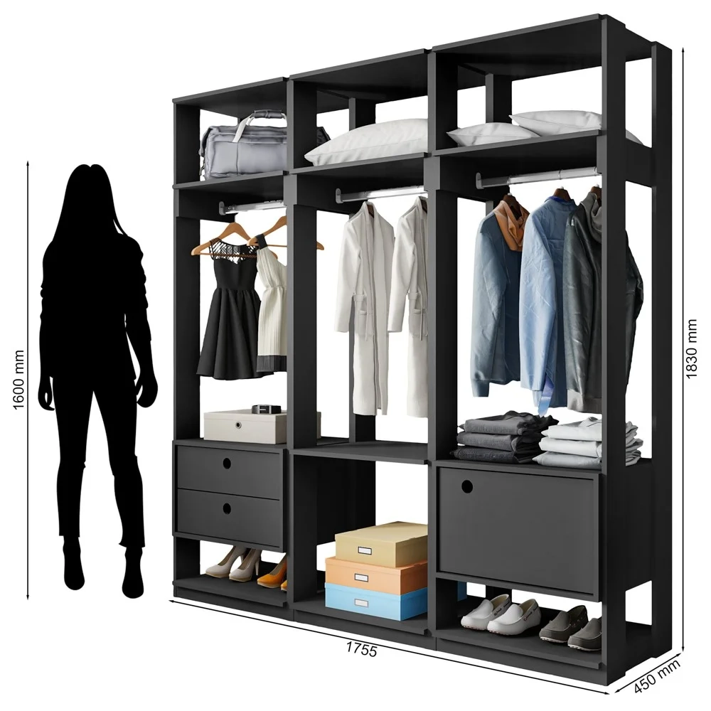 Módulo Guarda Roupa Closet Casal 1 Porta 2 Gavetas Titan Preto Velluto - Móveis Leão