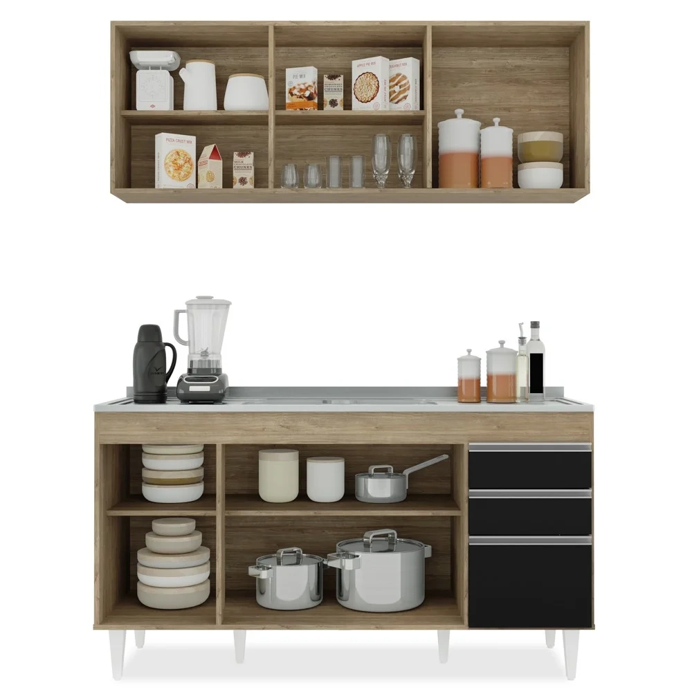 Armário Líbia e Balcão com Pia Inox 150cm Tunísia L03 Castanho/Preto - Mpozenato