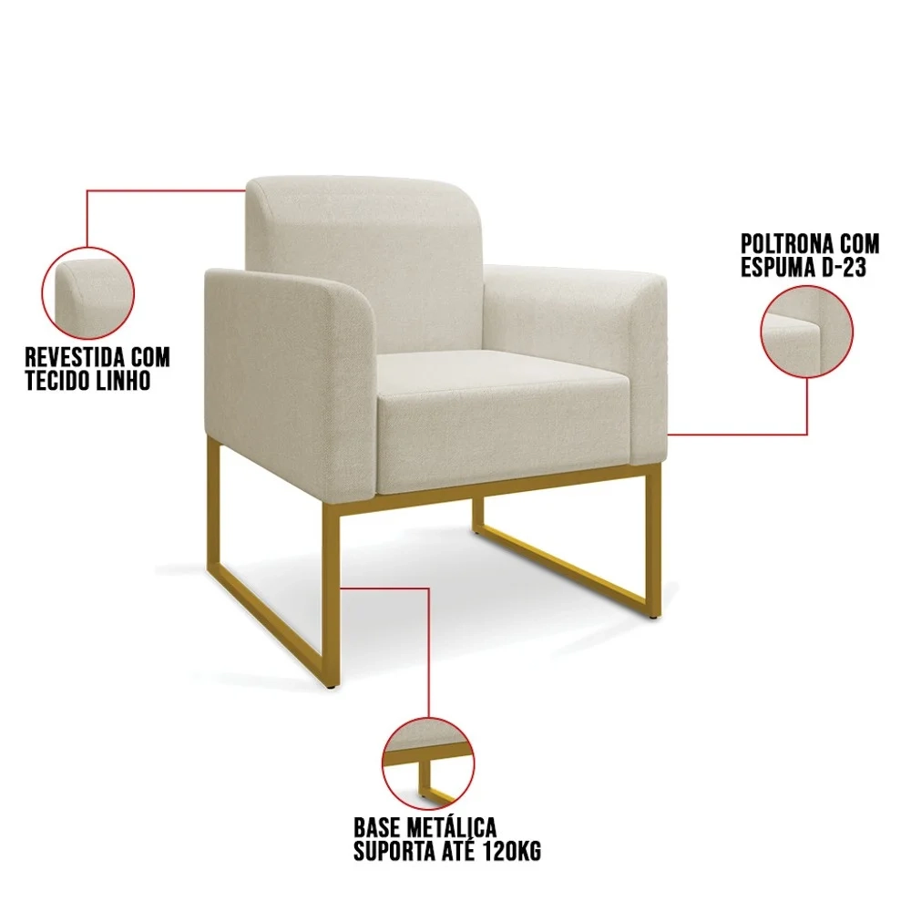 Kit 2 Poltronas Decorativas Base Industrial Dourada Maressa A19 Linho Grosso Bege - Ibiza