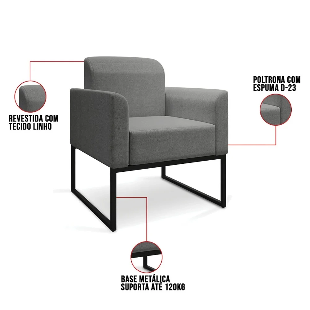 Kit 2 Poltronas Decorativas Base Industrial Preta Maressa A26 Linho Grafite - Ibiza