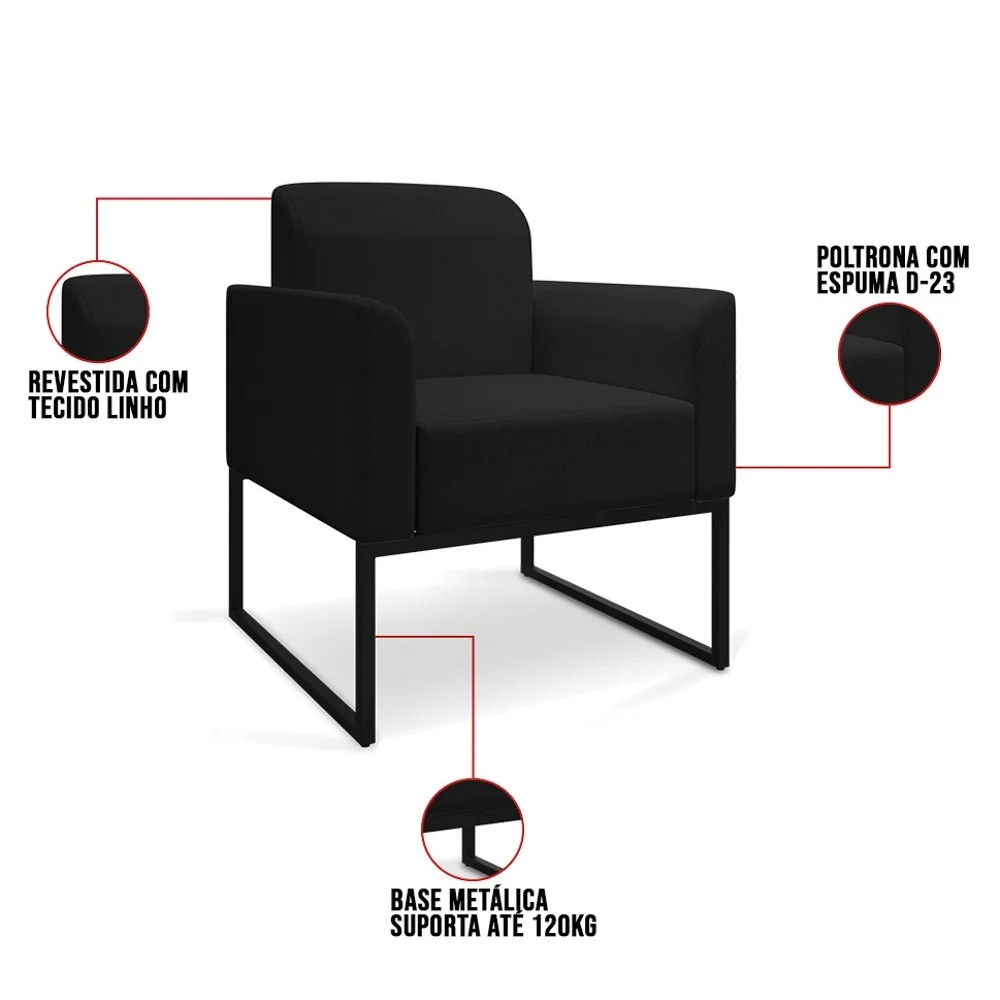 Kit 2 Poltronas Decorativas Base Industrial Preta Maressa A79 Linho Preto - Ibiza