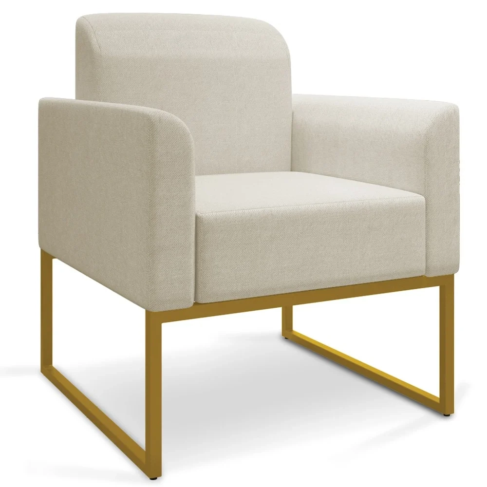 Kit Namoradeira e 1 Poltrona Decorativa Base Industrial Dourada Maressa A19 Linho Grosso Bege - Ibiza