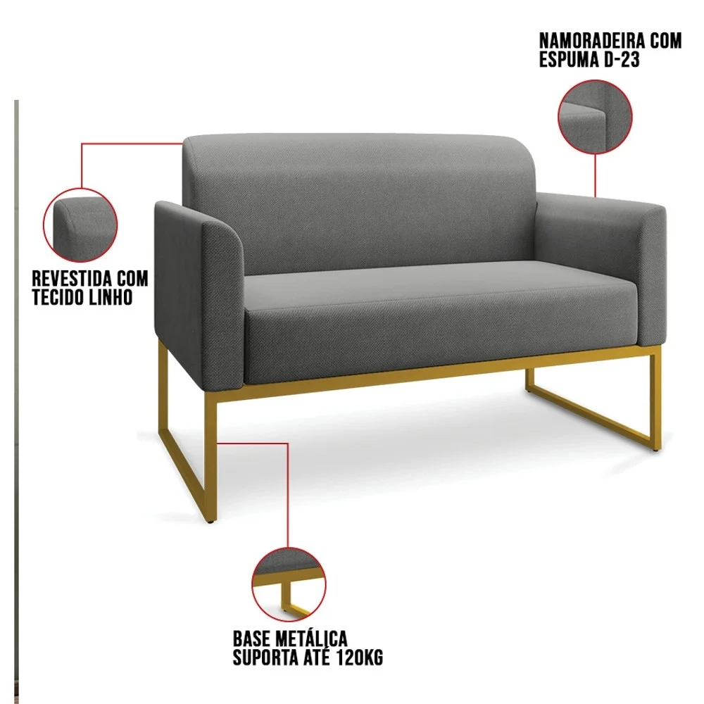 Kit Namoradeira e 1 Poltrona Decorativa Base Industrial Dourada Maressa A26 Linho Grafite - Ibiza