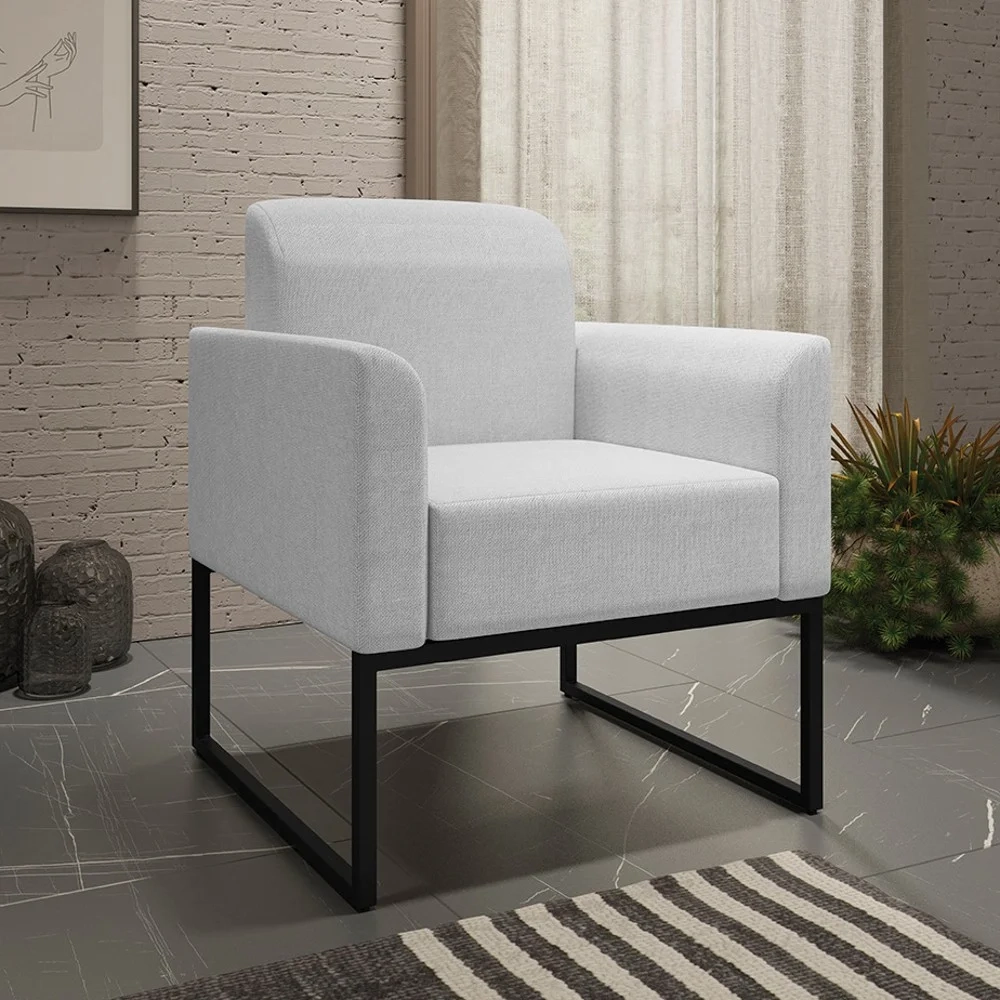 Kit Namoradeira e 1 Poltrona Decorativa Base Industrial Preta Maressa A05 Linho Cinza Claro - Ibiza