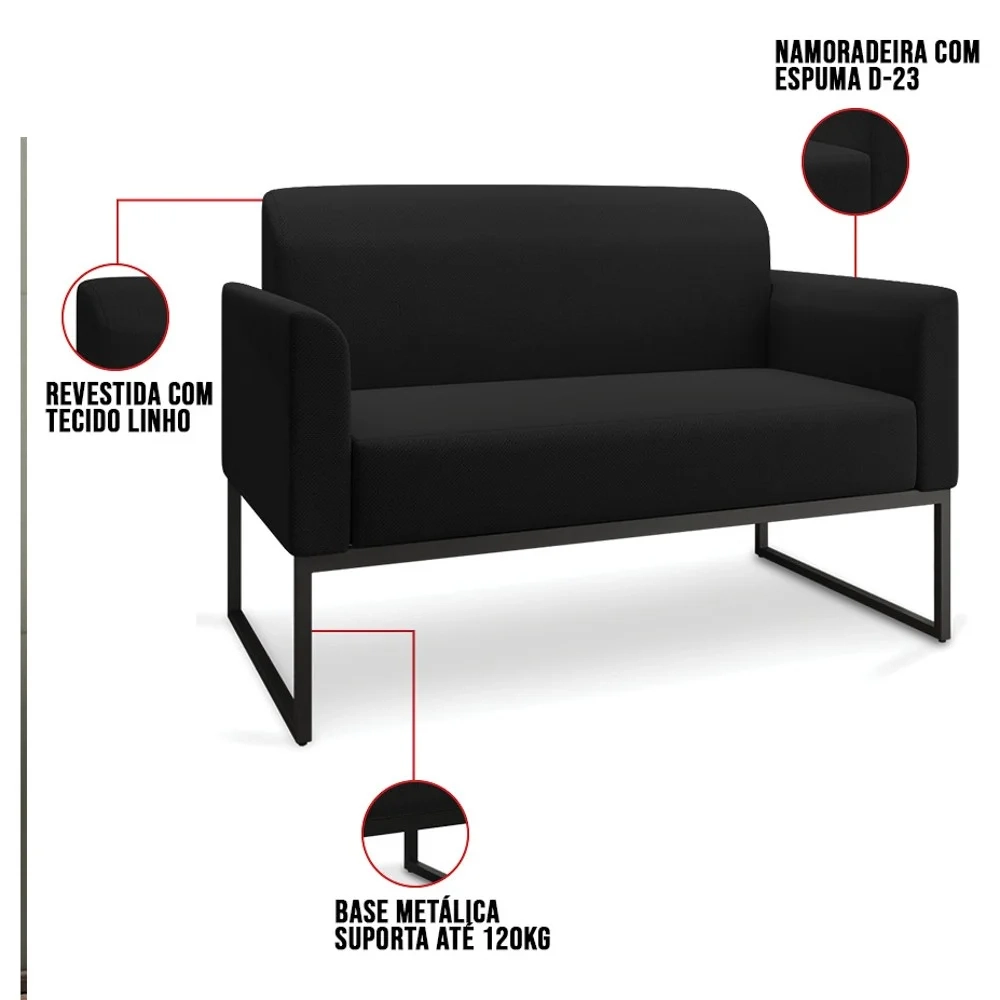 Kit Namoradeira e 1 Poltrona Decorativa Base Industrial Preta Maressa A79 Linho Preto - Ibiza