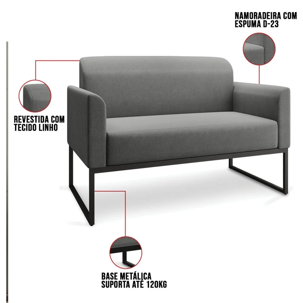 Kit Namoradeira e 1 Poltrona Decorativa Base Industrial Preta Maressa A26 Linho Grafite - Ibiza