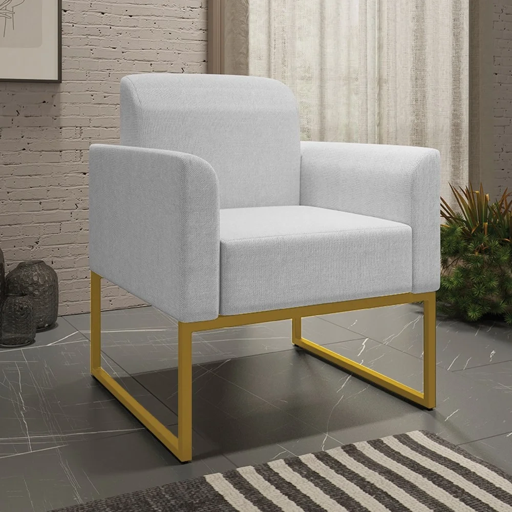 Kit Namoradeira e 2 Poltronas Decorativas Base Industrial Dourada Maressa A05 Linho Cinza Claro - Ibiza