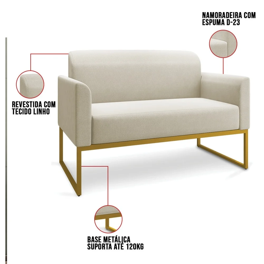 Kit Namoradeira e 2 Poltronas Decorativas Base Industrial Dourada Maressa A19 Linho Grosso Bege - Ibiza