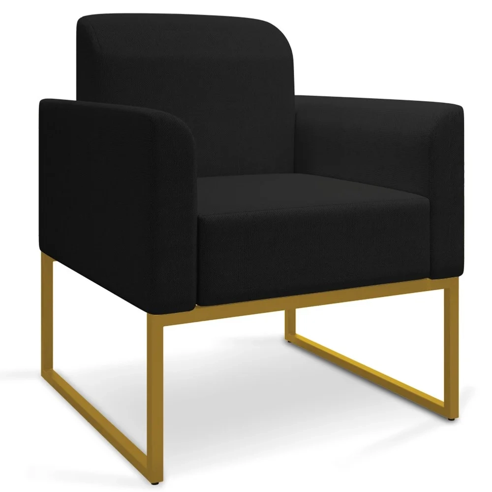 Kit Namoradeira e 2 Poltronas Decorativas Base Industrial Dourada Maressa A79 Linho Preto - Ibiza