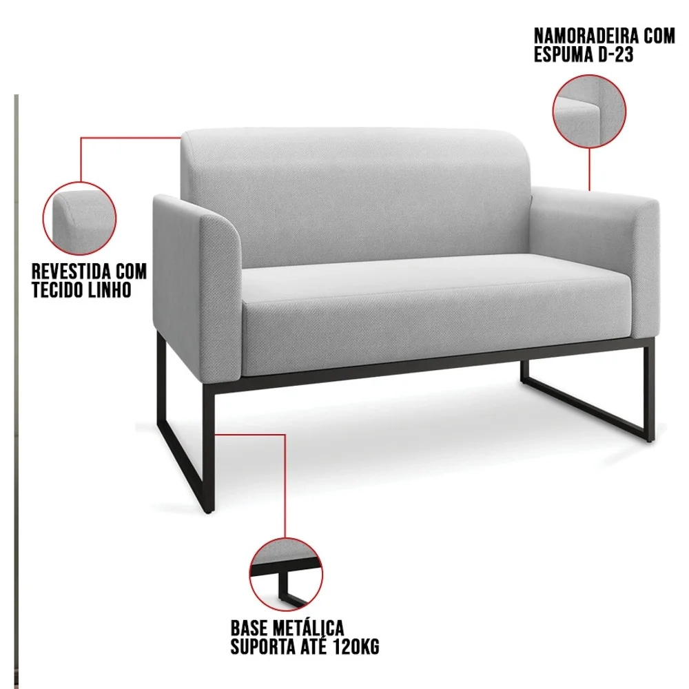Kit Namoradeira e 2 Poltronas Decorativas Base Industrial Preta Maressa A05 Linho Cinza Claro - Ibiza