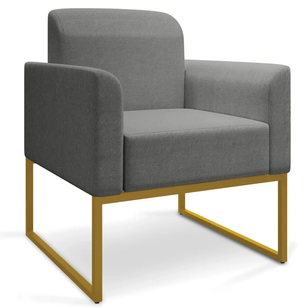 Kit Namoradeira e 2 Poltronas Decorativas Base Industrial Dourada Maressa A26 Linho Grafite - Ibiza