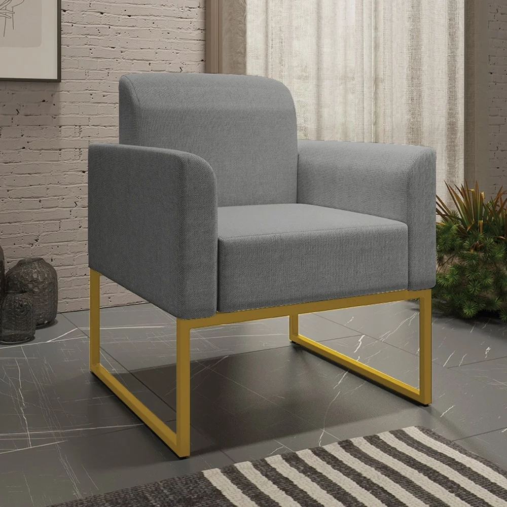 Kit Namoradeira e 2 Poltronas Decorativas Base Industrial Dourada Maressa A26 Linho Grafite - Ibiza