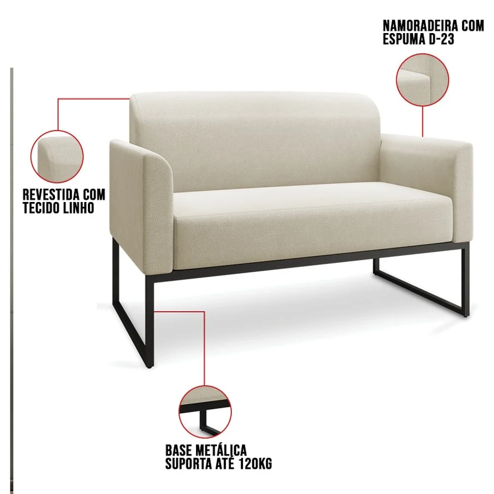 Kit Namoradeira e 2 Poltronas Decorativas Base Industrial Preta Maressa A19 Linho Grosso Bege - Ibiza