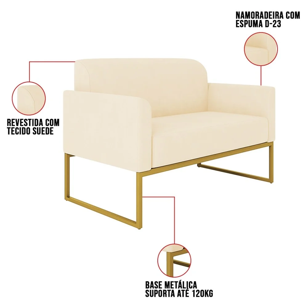Kit Namoradeira e 1 Poltrona Decorativa Base Industrial Dourada Maressa S03 Suede Bege - Ibiza