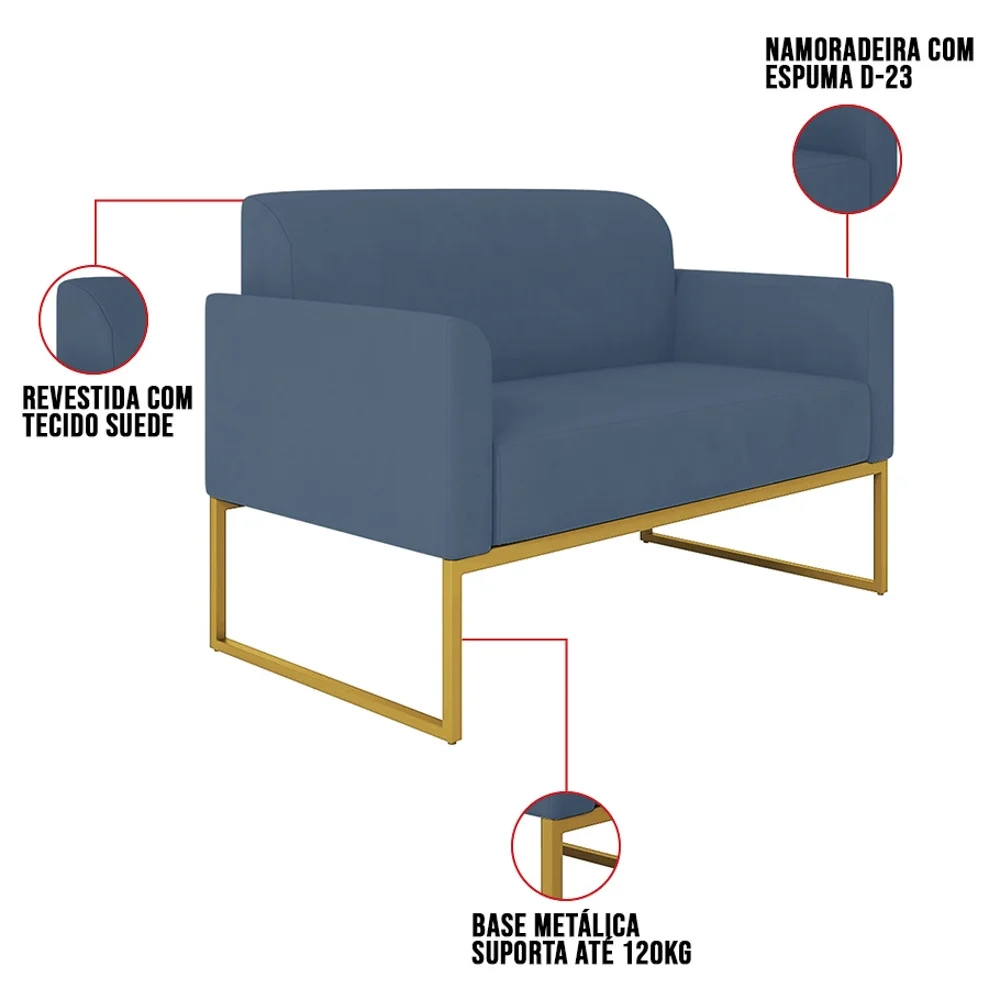 Kit Namoradeira e 1 Poltrona Decorativa Base Industrial Dourada Maressa S04 Suede Azul Marinho - Ibiza