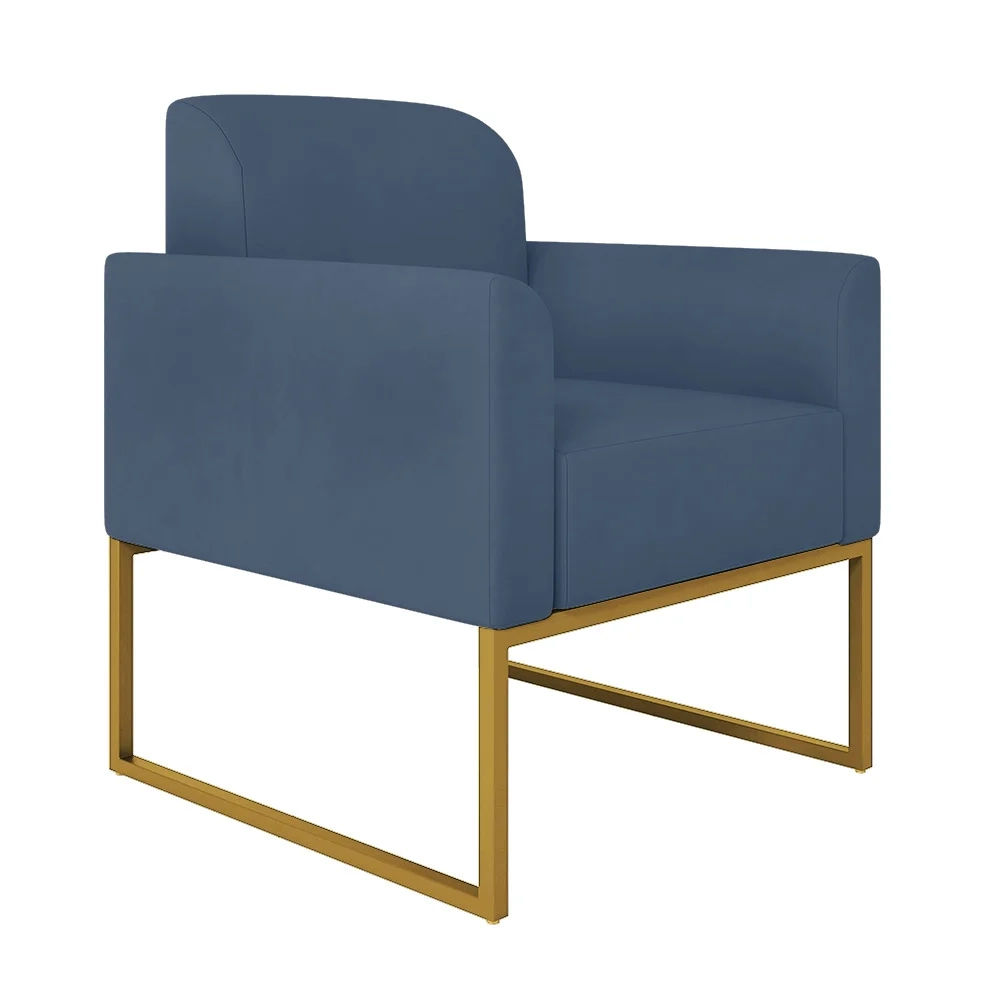 Kit Namoradeira e 1 Poltrona Decorativa Base Industrial Dourada Maressa S04 Suede Azul Marinho - Ibiza