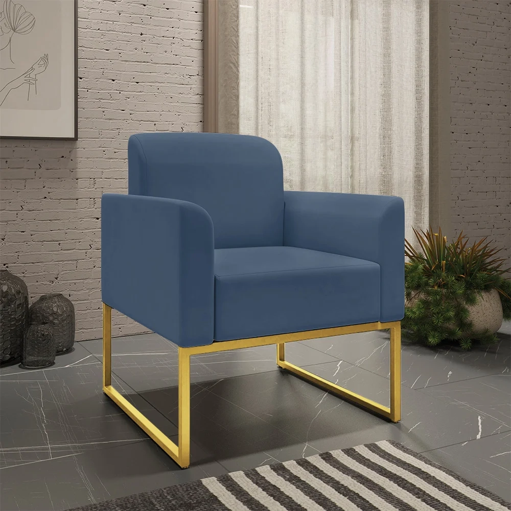 Kit Namoradeira e 1 Poltrona Decorativa Base Industrial Dourada Maressa S04 Suede Azul Marinho - Ibiza