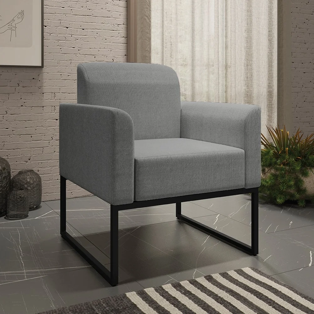 Kit Namoradeira e 2 Poltronas Decorativas Base Industrial Preta Maressa A26 Linho Grafite - Ibiza