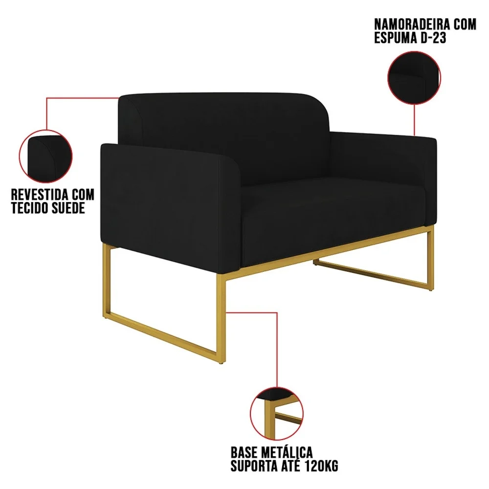 Kit Namoradeira e 1 Poltrona Decorativa Base Industrial Dourada Maressa S07 Suede Preto - Ibiza