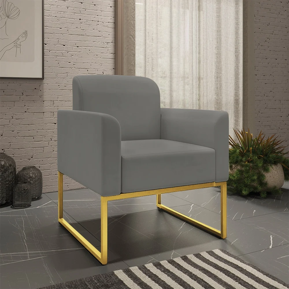 Kit Namoradeira e 1 Poltrona Decorativa Base Industrial Dourada Maressa S08 Suede Grafite - Ibiza