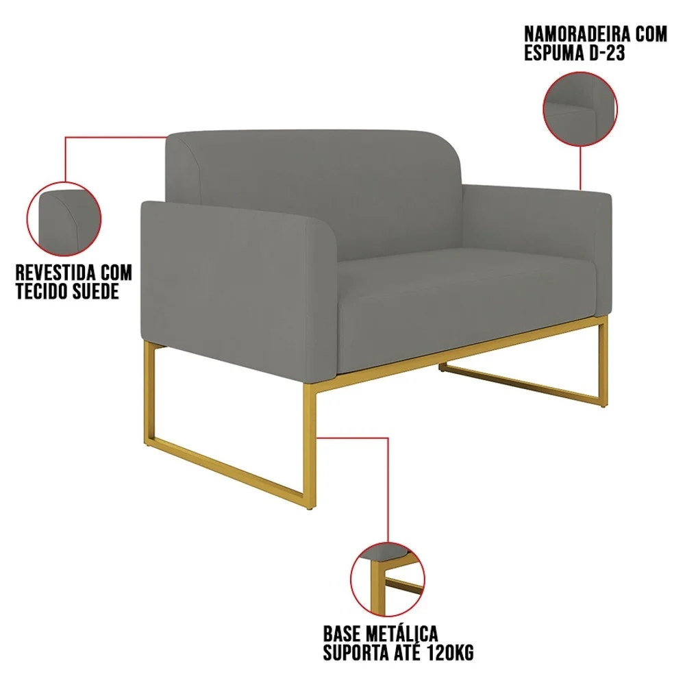 Kit Namoradeira e 1 Poltrona Decorativa Base Industrial Dourada Maressa S08 Suede Grafite - Ibiza
