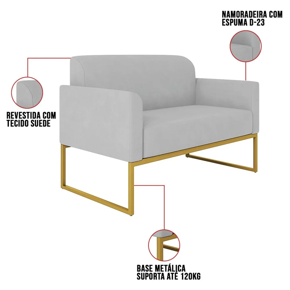 Kit Namoradeira e 1 Poltrona Decorativa Base Industrial Dourada Maressa S10 Suede Cinza - Ibiza