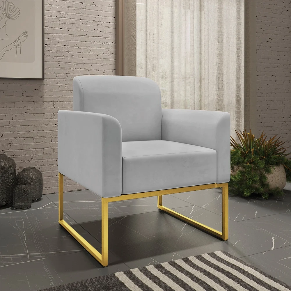Kit Namoradeira e 1 Poltrona Decorativa Base Industrial Dourada Maressa S10 Suede Cinza - Ibiza