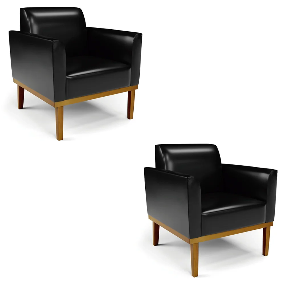 Poltrona Base Madeira Castanho Kit 2 Maressa Sintético PU Preto - Ibiza