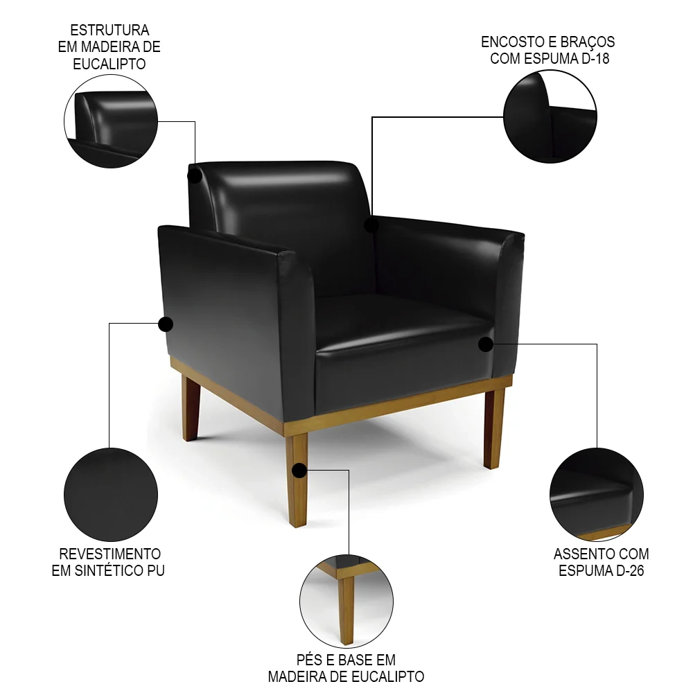 Poltrona Base Madeira Castanho Kit 2 Maressa Sintético PU Preto - Ibiza