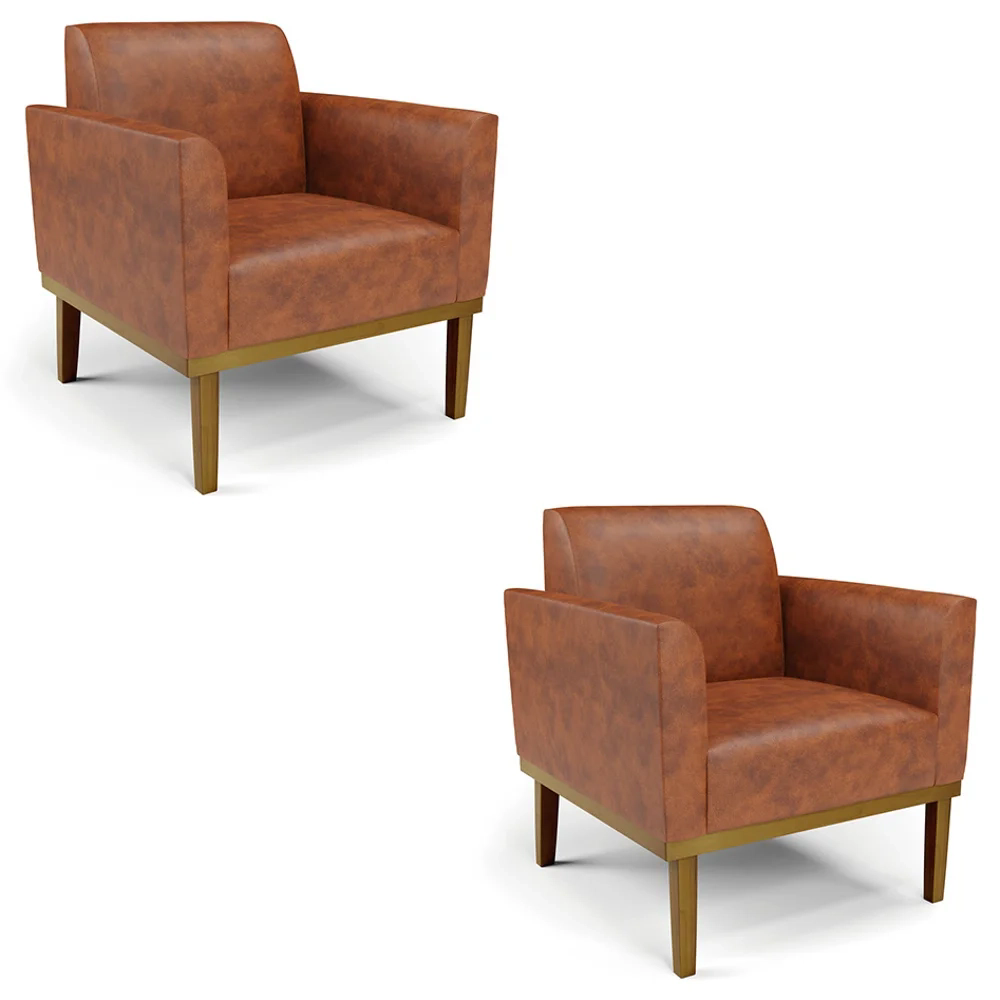 Poltrona Base Madeira Castanho Kit 2 Maressa Sintético PU Nozes - Ibiza