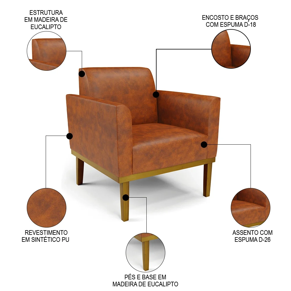 Poltrona Base Madeira Castanho Kit 2 Maressa Sintético PU Nozes - Ibiza