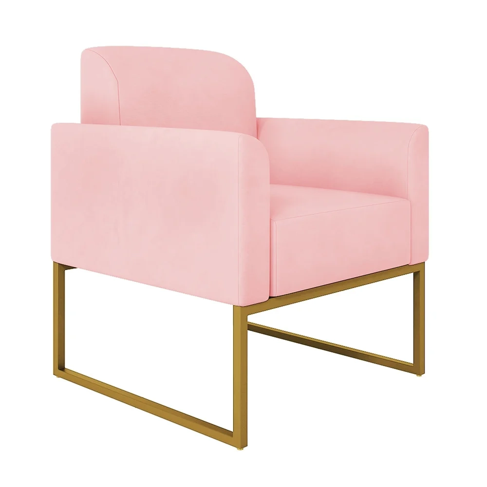 Kit Namoradeira e 1 Poltrona Decorativa Base Industrial Dourada Maressa S19 Suede Rosa Bebê - Ibiza