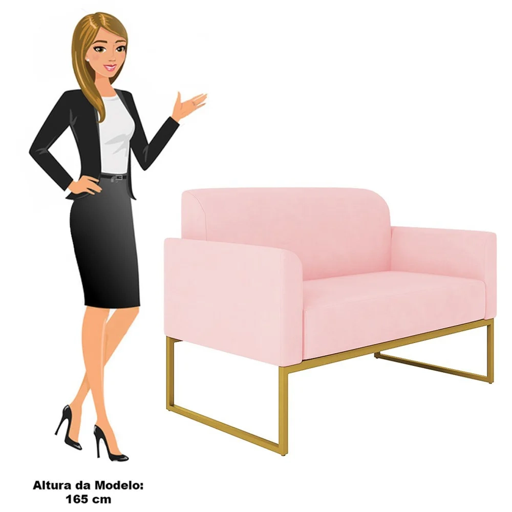 Kit Namoradeira e 1 Poltrona Decorativa Base Industrial Dourada Maressa S19 Suede Rosa Bebê - Ibiza