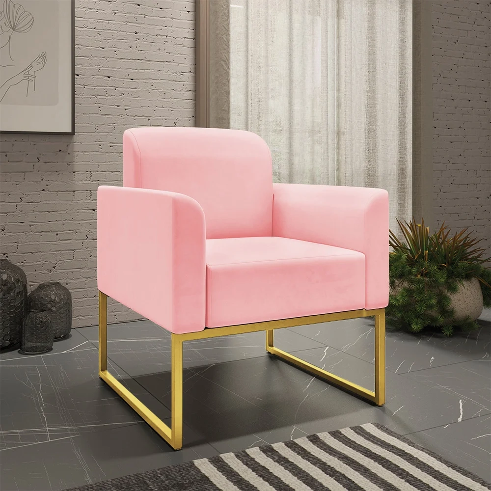 Kit Namoradeira e 1 Poltrona Decorativa Base Industrial Dourada Maressa S19 Suede Rosa Bebê - Ibiza
